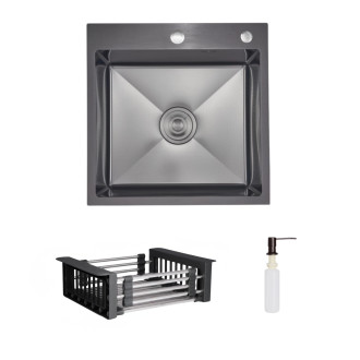 Комплект Lidz Handmade H5050HB Мийка для кухні інтегрована Decor Black PVD Honeycomb у комплекті з дозатором + Lidz LIDZK01B Корзина для кухонної мийки