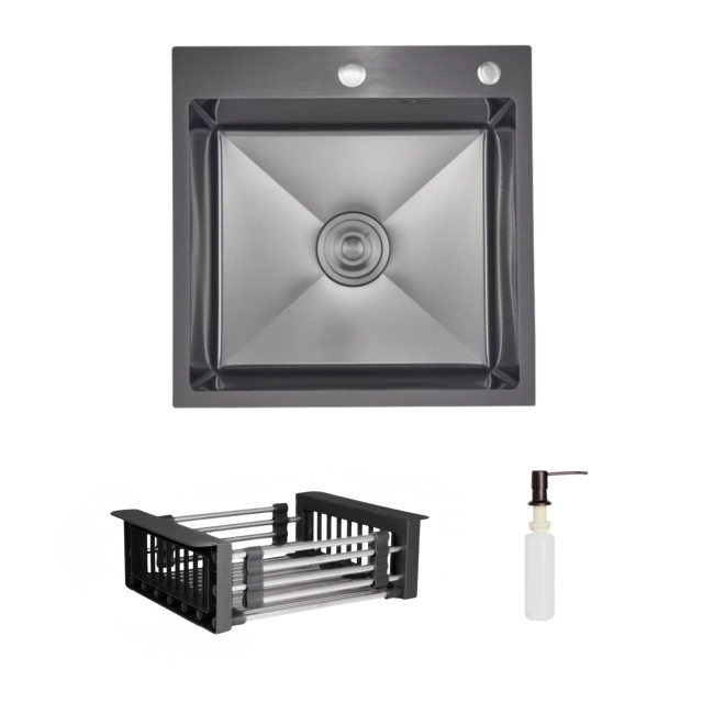Комплект Lidz Handmade H5050HB Мийка для кухні інтегрована Decor Black PVD Honeycomb у комплекті з дозатором + Lidz LIDZK01B Корзина для кухонної мийки