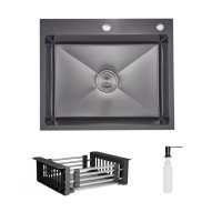 Комплект Lidz Handmade H6050HB Мийка для кухні інтегрована Decor Black PVD Honeycomb у комплекті з дозатором + LIDZK01B Корзина для кухонної мийки