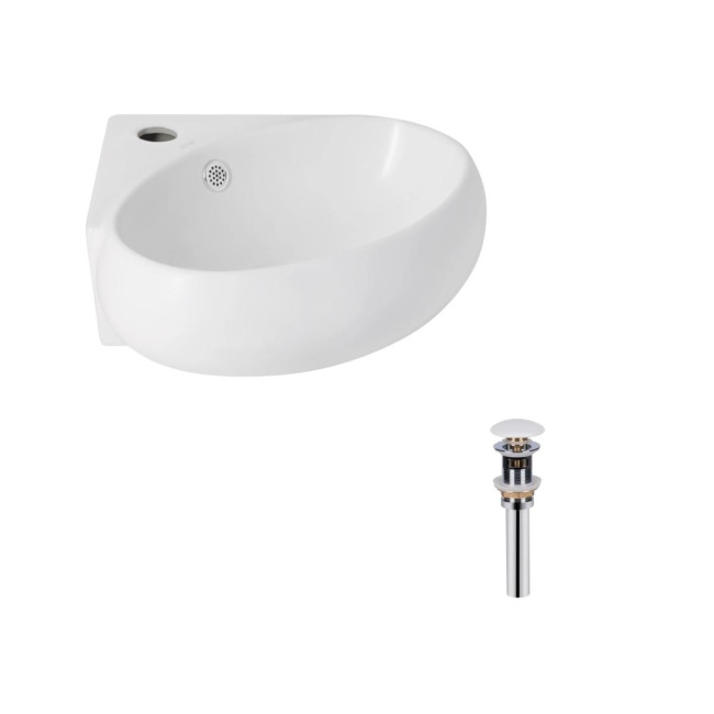 Комплект Qtap Leo N: Раковина підвісна угловая овальна 380x360x130 мм WHITE + Донний клапан PU02O