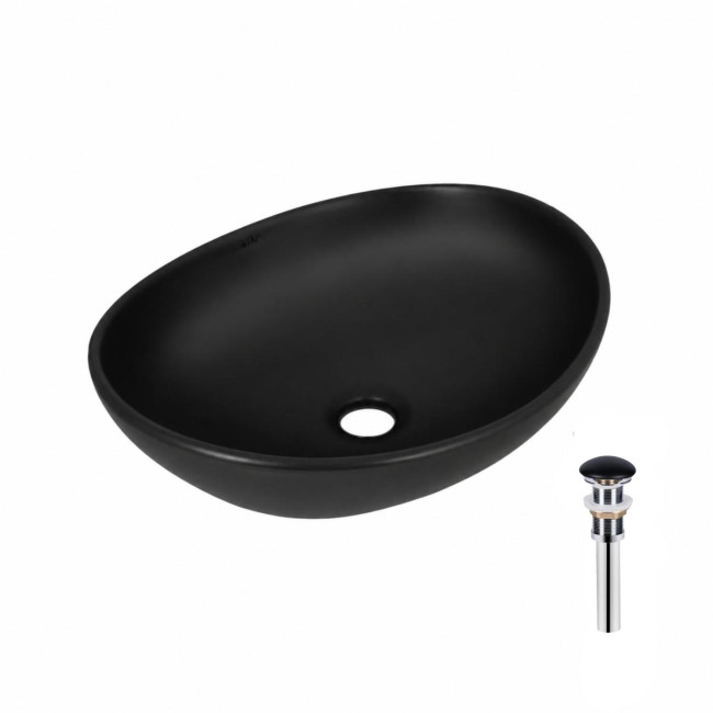 Комплект Qtap Dove: Раковина накладна овальна 415x340x140 мм Matt Black + Донний клапан PU03