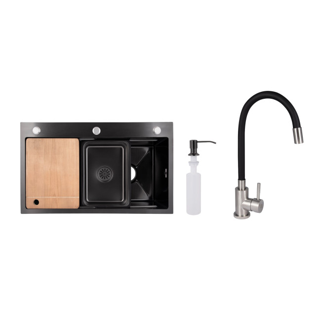 Акційний набір Lidz: мийка інтегрована Decor Black PVD Honeycomb 3,0/1,0 мм + Змішувач Aria для кухні з гнучким виливом (k35) Black