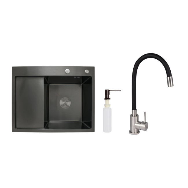 Акційний набір Lidz: мийка H6350BL інтегрована крило зліва Brushed Black PVD 3,0/1,0 мм + Змішувач Aria для кухні з гнучким виливом (k35) Black