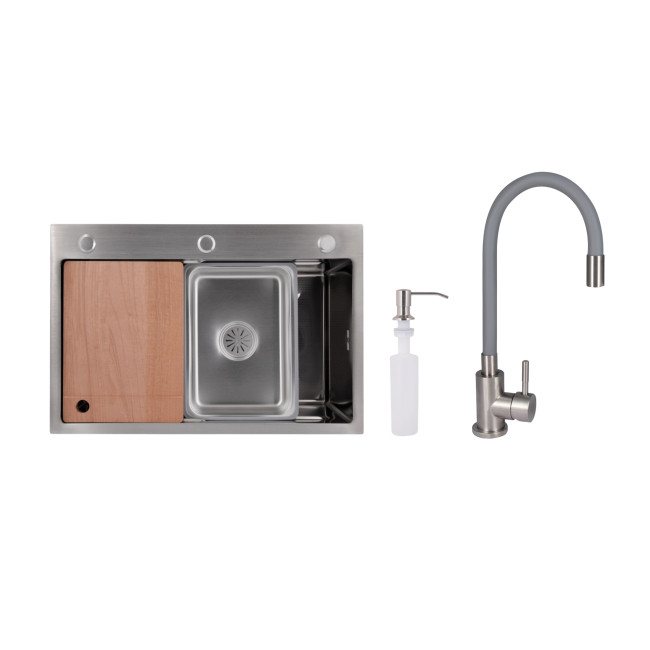 Акционный набор Lidz: мойка H6845 Decor 3,0/1,0 мм + Смеситель Aria для кухни с гибким изливом (k35) Grey