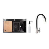 Акційний набір Lidz: мийка інтегрована Decor Black PVD Honeycomb 3,0/1,0 мм + Змішувач Aria для кухні з гнучким виливом (k35) Black