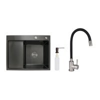 Акційний набір Lidz: мийка H6350BL інтегрована крило зліва Brushed Black PVD 3,0/1,0 мм + Змішувач Aria для кухні з гнучким виливом (k35) Black