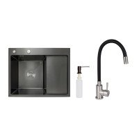 Акційний набір Lidz: мийка H6350BR інтегрована крило справа Brushed Black PVD 3,0/1,0 мм + Змішувач Aria для кухні з гнучким виливом (k35) Black