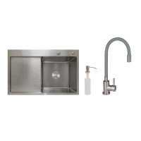Акційний набір Lidz: мийка H7849L інтегрована крило зліва Brushed Steel 3,0/1,0 мм + Змішувач Aria для кухні з гнучким виливом (k35) Grey
