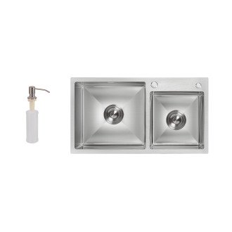 Мийка для кухні з двома чашами інтегрована Lidz Handmade H7843 (LDH7843BRU35387) Brushed Steel 3,0/1,0 мм